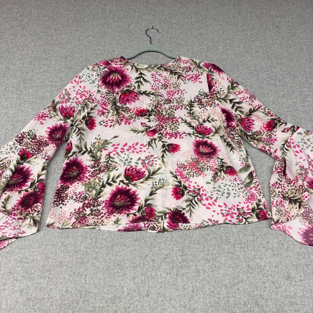 Catherine Malandrino Blouse Size M Pink Floral Bell Sleeve Tiered Ruffle Button